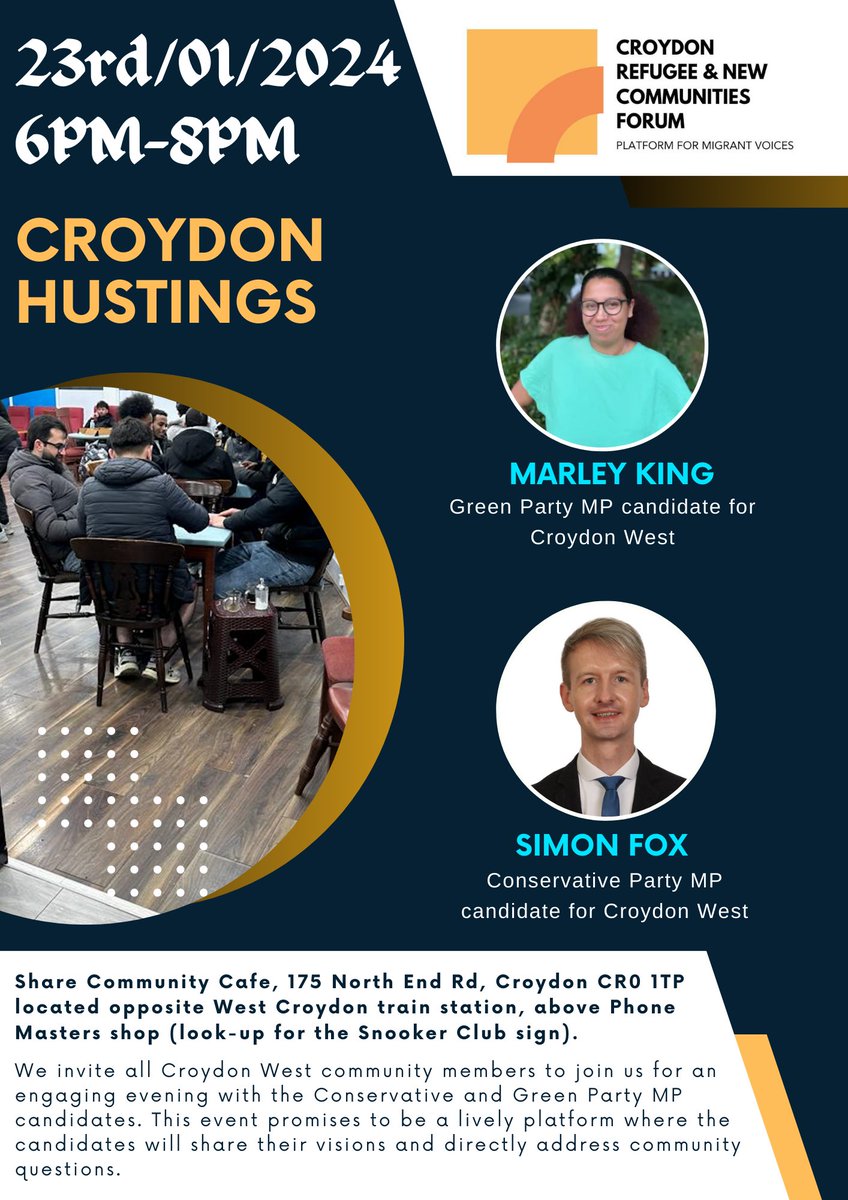 After a successful first hustings, we're excited to connect with Croydon West for impactful discussions. Despite numerous invites, it's disappointing that Croydon Labour has once again declined to join our community hustings a concerning blow to the democratic process.All Welcome