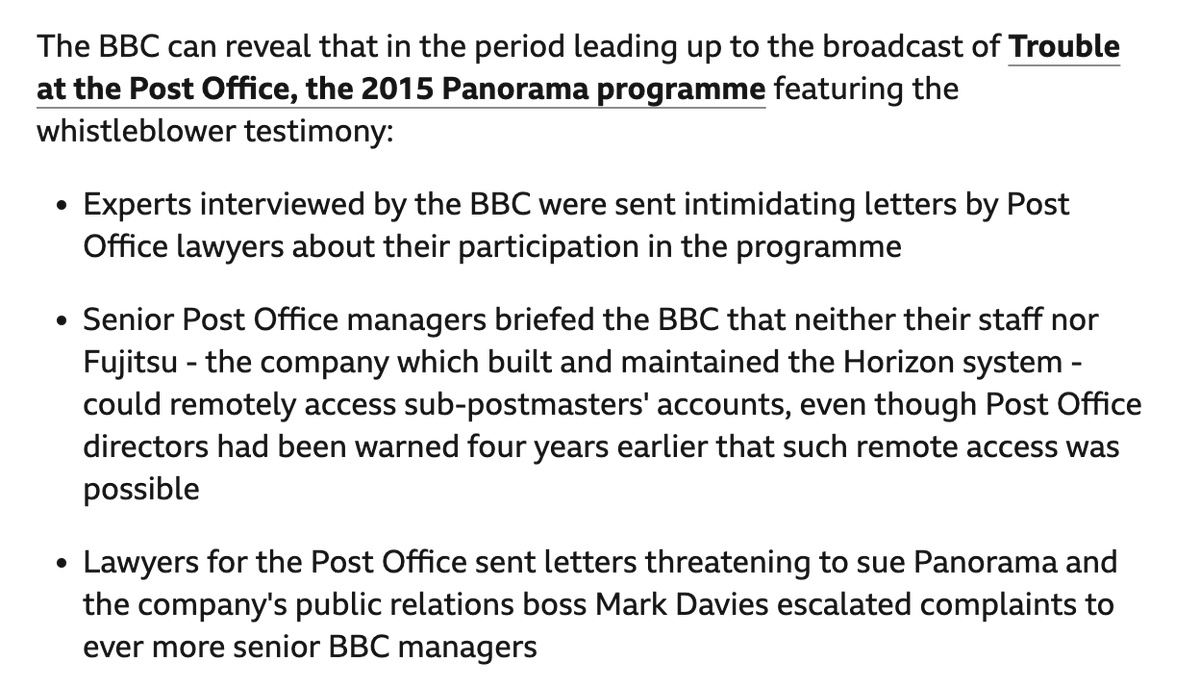 The BBC says it and its experts were threatened by Post Office lawyers trying to stop the 2015 Panorama programme. Please, BBC, publish the letters.