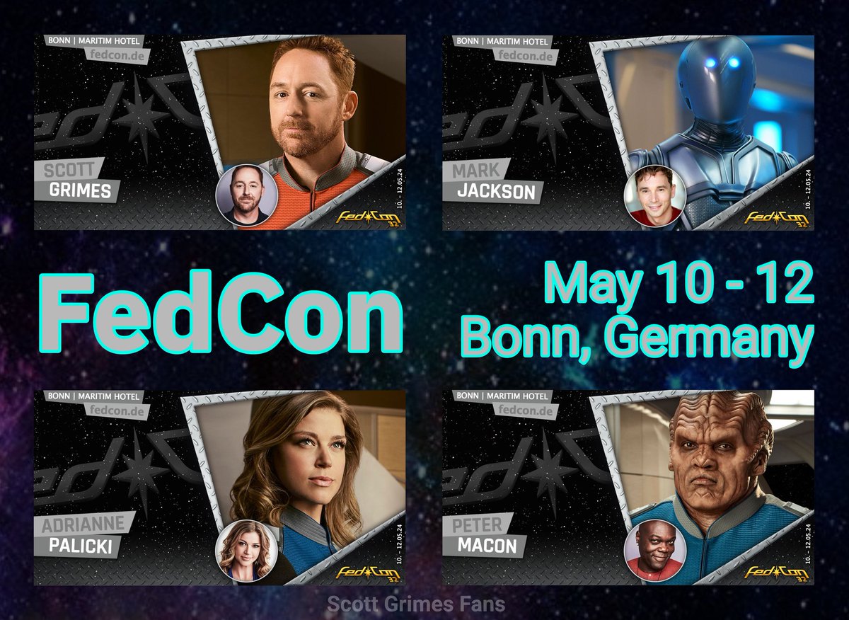 FYI!! For those in the area & or who can get there. @ScottGrimes, along with his fellow #TheOrville co-stars @markjacksonacts, @AdriannePalicki & Peter Macon are listed as guests for #FedCon in Bonn, Germany. May 10-12, 2024. See their site for info & tix
fedcon.de/en/highlights/…