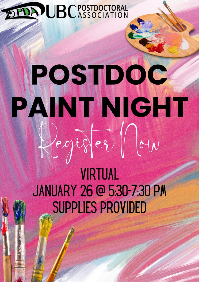 Hi @UBC Postdocs! We are excited to start off the year with a Paint Night event happening in 2⃣ weeks! 🖼️😊 Let's easel into the weekend with Postdoc Paint Night! 🎨 Don't brush off this invitation - check slack or the Buzz newsletter to register now! 🖌️