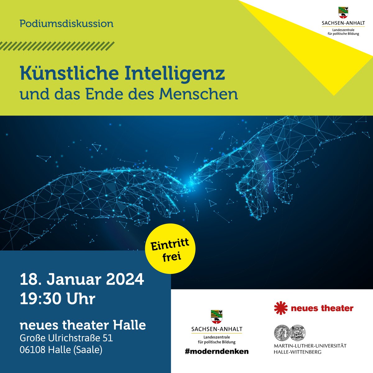 'Künstliche Intelligenz und das Ende des Menschen?' Paneldiskussion, 18.1.2024, neues theater Halle, 19:30 Uhr, Eintritt frei. Es diskutieren: Janina Loh, Manuela Lenzen, Dirk Evers, Mille Dalsgaard. theojung.blog/2023/12/21/pan…