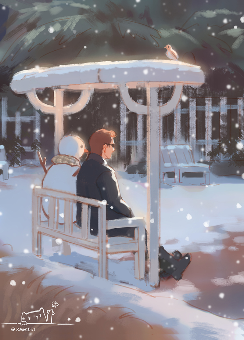 XMG1551's tweet image. Angel, it's snowing.
#GoodOmens #GoodOmens2 #GoodOmensFanArt #aziracrow （下雪的时候路过一个地方很漂亮，然后涂鸦了这幅画）