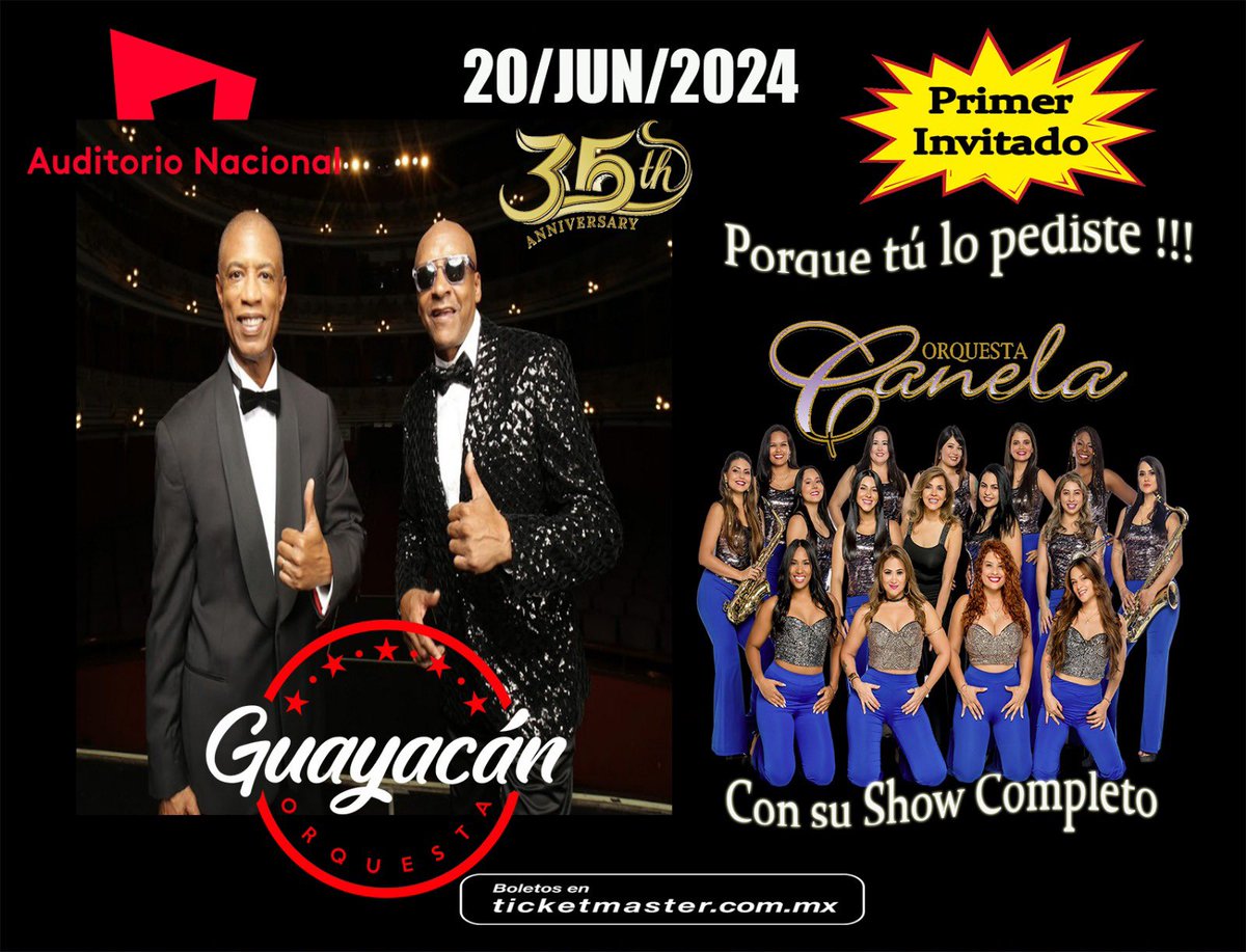 TUS BOLETOS PARA <a href="/GuayacanOficial/">Guayacán Orquesta</a> Y <a href="/orquestacanela/">Orquesta Canela</a> YA DISPONIBLES EN TAQUILLAS DEL AUDITORIO Y AQUÍ 👇🏽👇🏽👇🏽
ticketmaster.com.mx/inspiracion-co… 
.
.
.
#SalsayAlgomas344 #Conciertos #37AñosContigo #GanaBoletos #37AñosDeRadio #SalsaParaTodos  #GuayacanyCanelaEnMéxico #AquiNomás