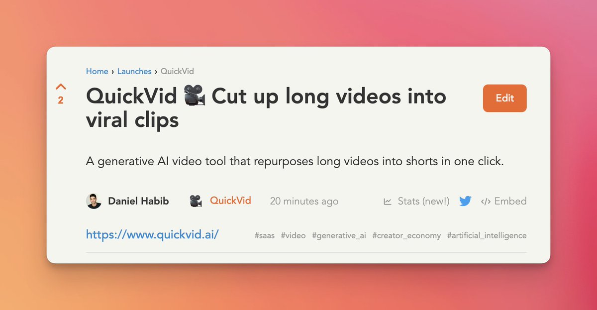 DannyHabibs's tweet photo. QuickVid just launched on @ycombinator's Launch YC!

QuickVid cuts up long videos into viral clips.

Check us out (🔗 in thread) https://t.co/YA4HQ7I53K