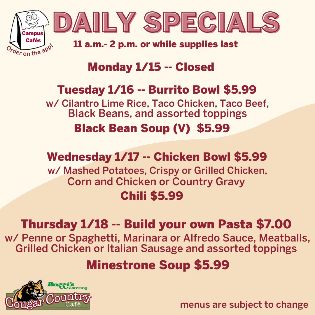 Next week's menu! Stop in for lunch!