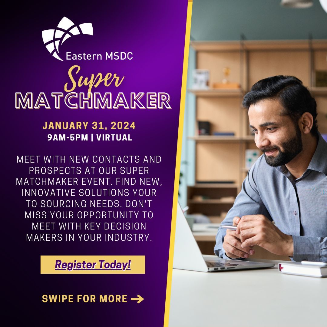 🌟Get Ready for the EMSDC Super Matchmaker 🌟 Registration is free for NMSDC-certified MBEs and Corporate Members, so take advantage fantastic opportunity to jumpstart your year with new contacts and prospects. Mark your calendars and register today: buff.ly/3Hhu5Gy.