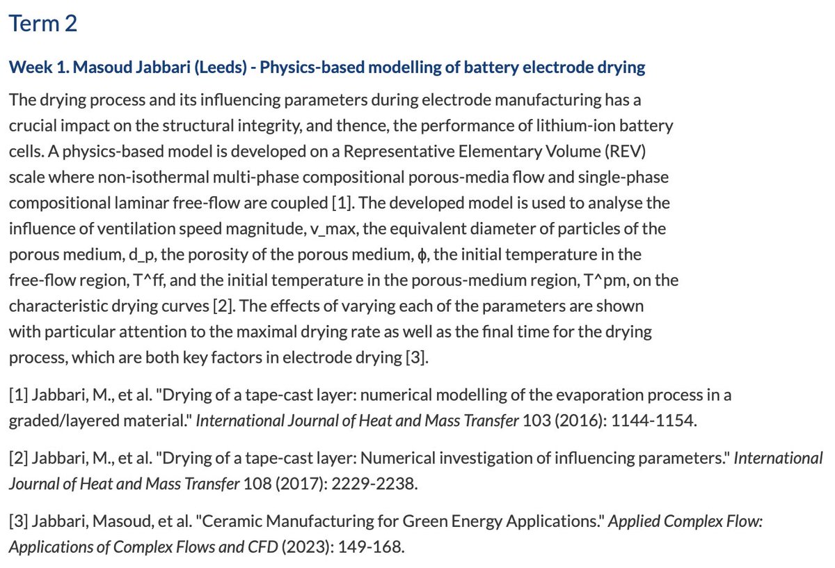 Warwick Mathematics Institute Research (@wmi_research) on Twitter photo 🗣️ The first Applied Maths Seminar of 2024 was by Masoud Jabbari (<a href="/UniversityLeeds/">University of Leeds</a>) on "Physics-based modelling of battery electrode drying"
Masoud's webpage 🔗: eps.leeds.ac.uk/mechanical-eng…
Applied Maths Seminar 🔗: warwick.ac.uk/fac/sci/maths/… 🗣️ The first Applied Maths Seminar of 2024 was by Masoud Jabbari (<a href="/UniversityLeeds/">University of Leeds</a>) on "Physics-based modelling of battery electrode drying"
Masoud's webpage 🔗: eps.leeds.ac.uk/mechanical-eng…
Applied Maths Seminar 🔗: warwick.ac.uk/fac/sci/maths/…