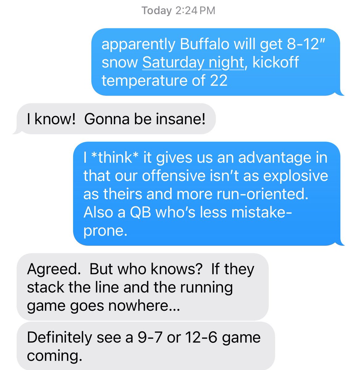 vjmsports's tweet photo. Me a #Steelers buddy about weather in Buffalo … may help us https://t.co/9YfQ16Ij55