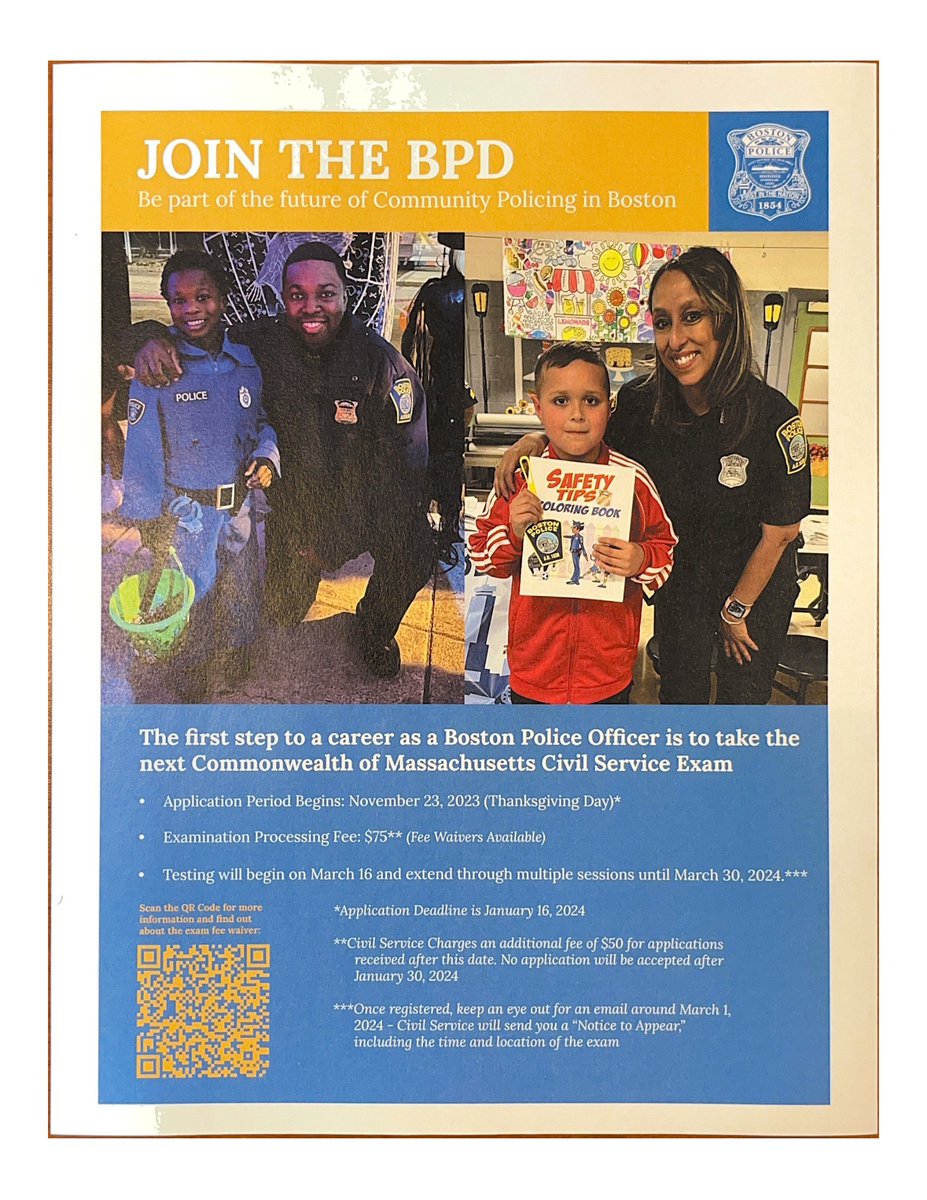 REMINDER: The <a href="/bostonpolice/">Boston Police Dept.</a> is recruiting. If you are interested in a career as a BPD Officer, you must take the Massachusetts Civil Service Exam. Apply to take the exam by next Tues, 1/16. Testing will begin on 3/16. For more info, visit: shorturl.at/oHTZ2 #bospoli