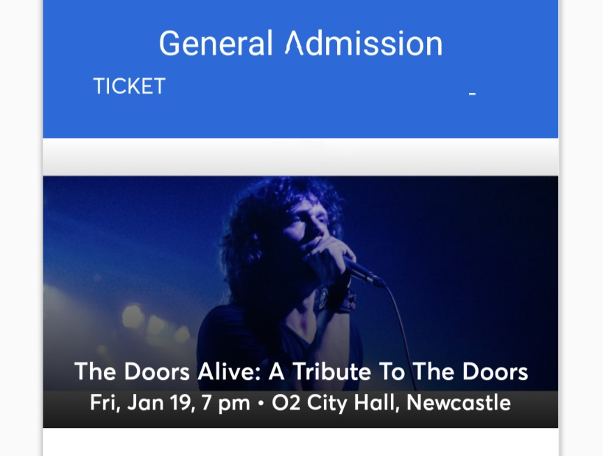 PattersAmy's tweet photo. Selling 2 x tickets to The Doors Alive next Friday (19 Jan) at @O2CityHall 😎 Paid £50 but would accept £40 ONO for the pair 🎟️🎟️ https://t.co/MLVVROT2DS