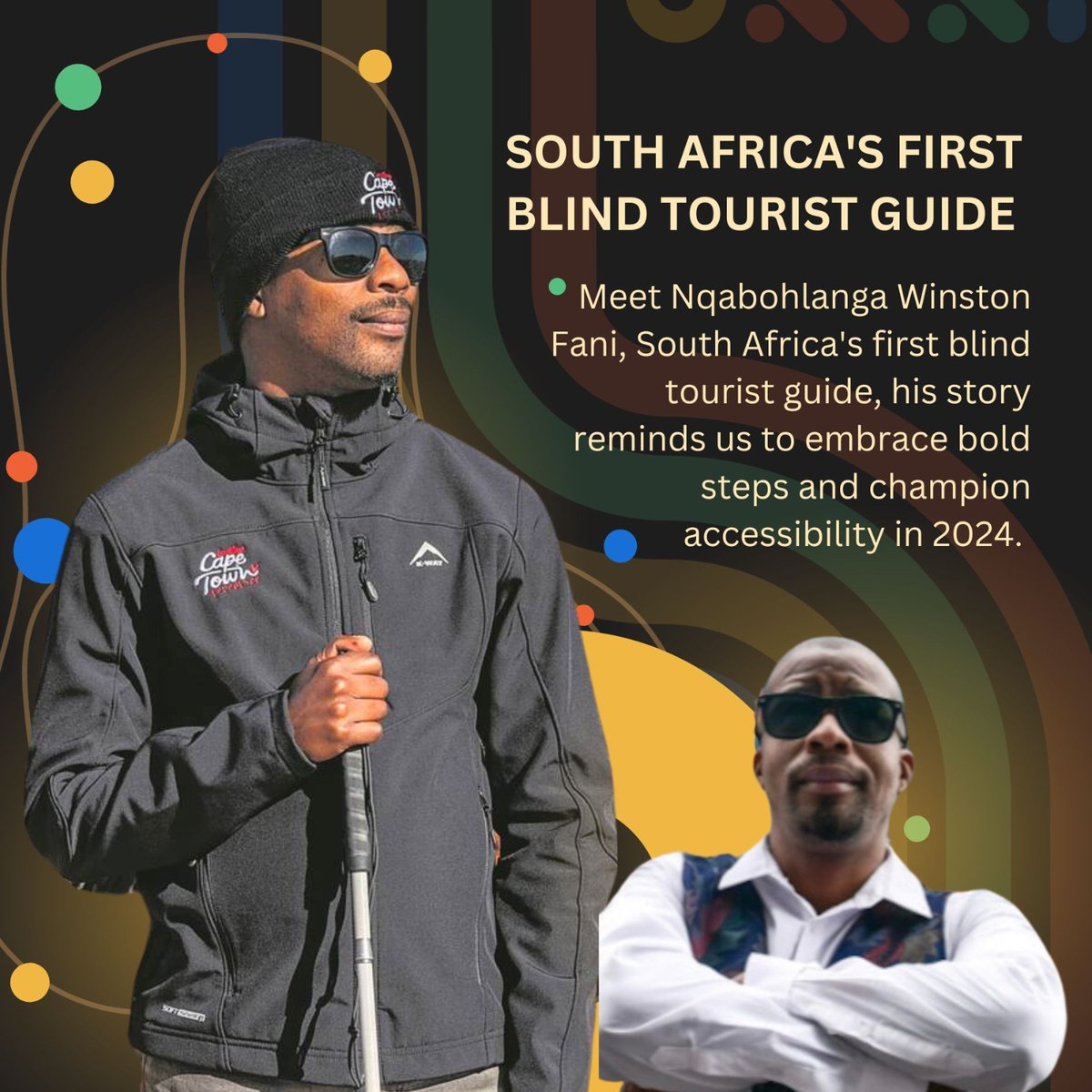 Meet Nqabohlanga Winston Fani, South Africa's first blind tourist guide. 

His story is a beacon of bravery and inclusivity, reminding us to embrace bold steps and champion accessibility in 2024. 

#InclusiveTourism #BreakingBarriers 
#MotherlandOMNi