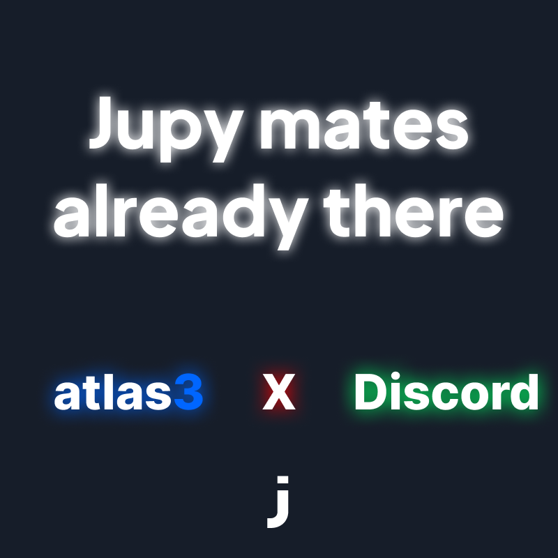 JupyMates's tweet photo. We are Jupy! 
We are mates!

Our official links below
Twitter - https://t.co/Dxatk0yMZc 
Discord - https://t.co/Bf04CqKQq7
Atlas3 - https://t.co/ychPmM6TUk
Subber - soon https://t.co/aQBAuSvv8S