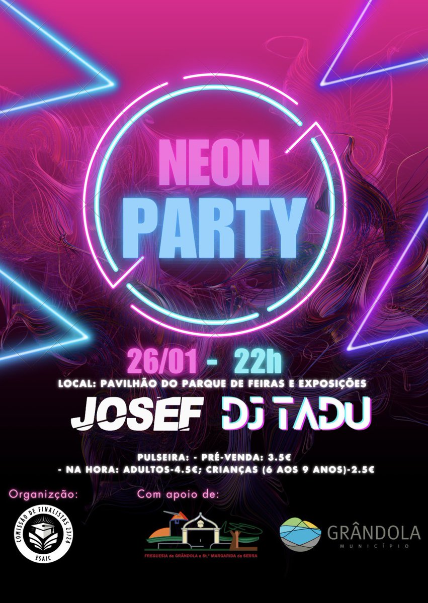 NEON PARTY✨
Sexta-feira, dia 26 de Janeiro no pavilhão do parque de feiras e exposições!
Pulseiras disponíveis para pré-venda!
Vem celebrar o final do semestre!🎉