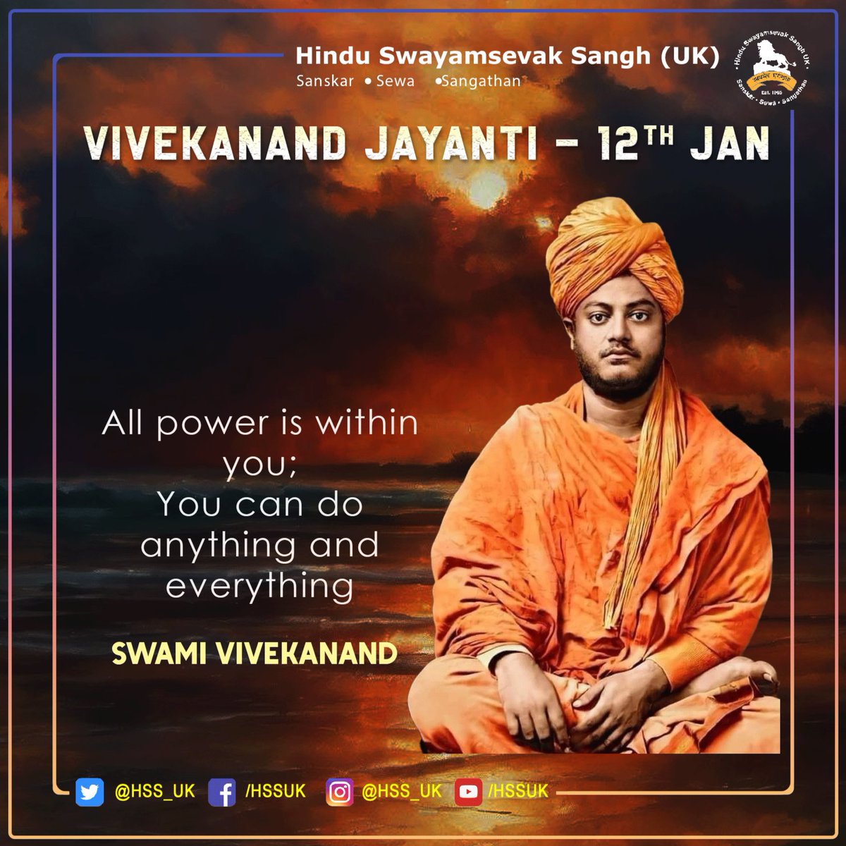 Happy Vivekananda Jayanti! 
On this auspicious day, let's celebrate the teachings of Swami Vivekananda that inspire us to lead a life of wisdom, compassion, &amp; service. May his profound thoughts continue to guide us towards unity, strength, &amp; spiritual enlightenment. #Inspiration