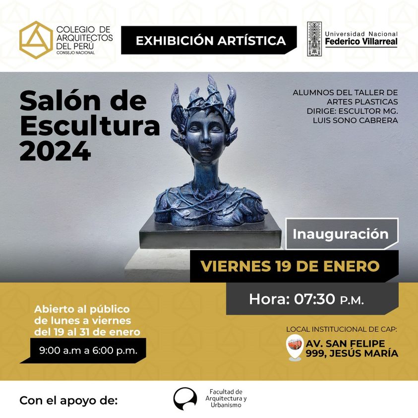 cap_cn's tweet photo. #CAPinforma
EXHIBICIÓN ARTÍSTICA
Invitamos a nuestros agremiados y público en general a participar de la inuguración del SALÓN DE ESCULTURA 2024
-Viernes 19 de enero
-Hora: 7:30 p.m.
Visita esta muestra de lunes a viernes de 9:00 a.m. a 6:00 p.m. hasta el 31 de enero. https://t.co/zheYlGpFOY