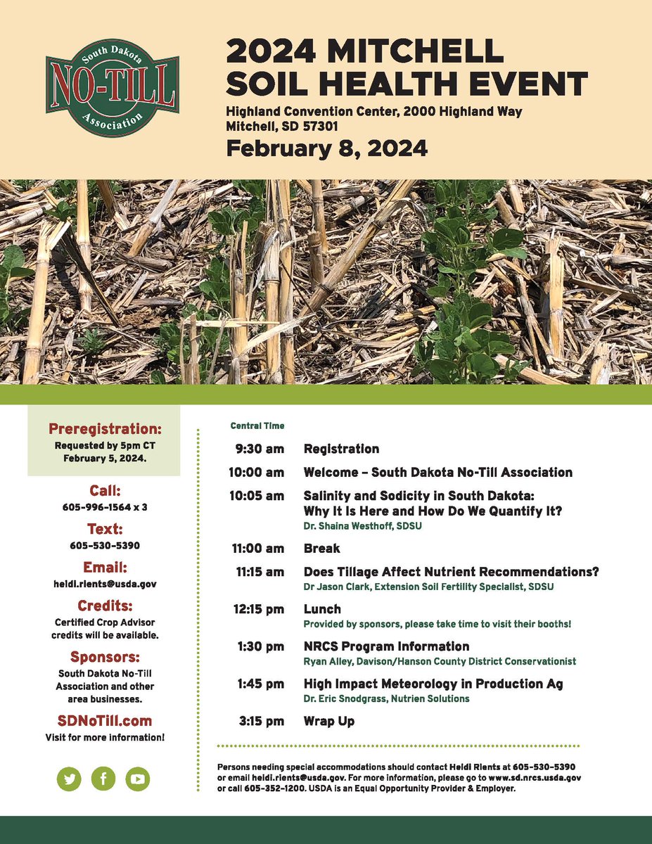 The SD No-Till Association is hosting an event in Mitchell, SD on February 8, 2024! If you want to learn more about the benefits of soil health to your land and bottom line, check out the flyer! #SoilHealth #conservation