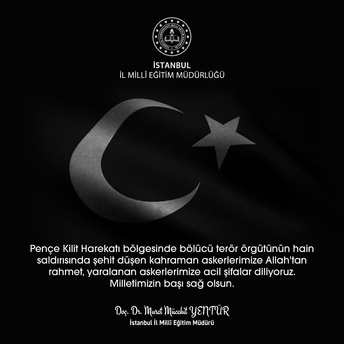 🇹🇷 Pençe Kilit Harekatı bölgesinde bölücü terör örgütünün hain saldırısında şehit düşen kahraman askerlerimize Allah'tan rahmet, yaralanan askerlerimize acil şifalar diliyoruz. Milletimizin başı sağ olsun.

<a href="/tcmeb/">Millî Eğitim Bakanlığı</a> <a href="/Yusuf__Tekin/">Yusuf Tekin</a>
<a href="/MucahitYentur/">Murat Mücahit Yentür</a>