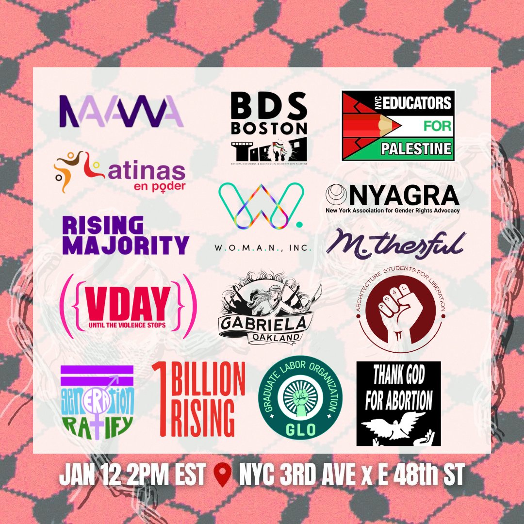 MANHATTAN, TODAY: Join NWSA and the PFC for a day of action in Manhattan, January 12th, 2024 at 2 PM. LOCATION: 3RD AVE x E48TH ST Palestinian women and feminists and their co-strugglers join in a shoulder-to-shoulder struggle to SHUT DOWN COLONIAL FEMINISM!