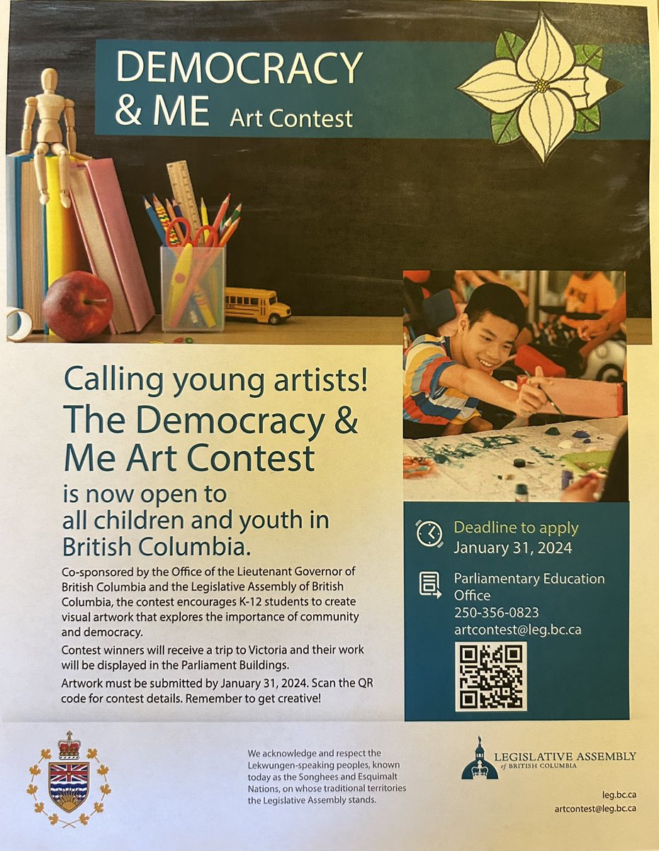 Attention parents and teachers of young artists K-12! Only a couple of weeks left to enter the Democracy & Me art contest @BCLegislature. Winners receive a trip to Victoria! See the attached for details. I am looking forward to viewing the entries!