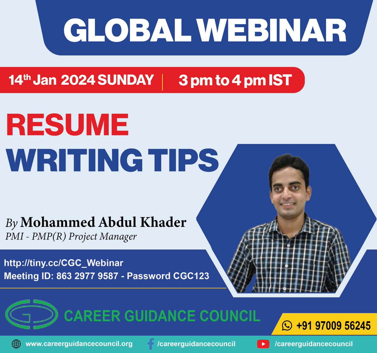 CGC_NGO's tweet photo. Global Webinar: *Resume Writing Tips* 

On Coming Sunday, 14 Jan 2024, 3 pm to 4 pm IST

Click this Link to join on ZOOM
https://t.co/lCEeVGExDp
Meeting ID - 863 2977 9587
Password- CGC123 https://t.co/pCKg8XZrJT