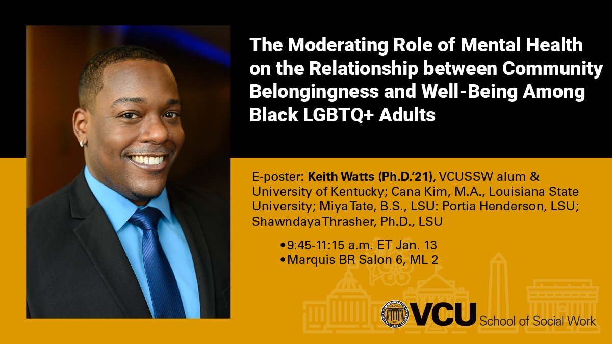 Jan. 13 – <a href="/SSWRorg/">SSWR</a>'s #SSWR2024: Keith Watts (Ph.D.’21), #VCUSSW alum &amp; <a href="/ukcosw/">UK College of Social Work</a>; <a href="/_CanaKim/">Cana Kim</a>, <a href="/POLI_LSU/">Political Sci @ LSU</a>; Miya Tate, <a href="/LSUSSW/">LSU SSW</a>: Portia Henderson, <a href="/LSU/">LSU</a>; Shawndaya Thrasher, <a href="/LSUSSW/">LSU SSW</a>. vcussw.info/SSWR2024