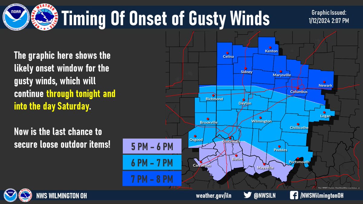 [2:45 PM] The strong winds will overspread the local area from the SW for the evening commute. Expect gustiness to increase abruptly near/after 5 PM, initially in the Tri-State, before the gusty conditions move into central/west-central OH &amp; east-central IN an hour or two later.