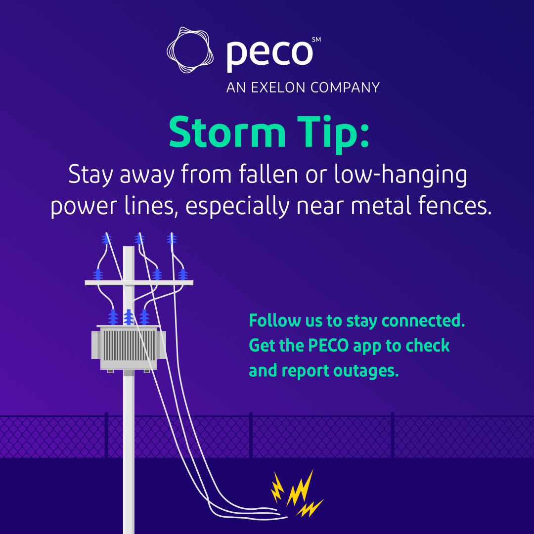 PECOconnect's tweet photo. Keep clear of wires. Stay away from objects or puddles in contact with downed power lines. Be sure to visit https://t.co/uFDzsPNo6T to report and check the status of your outage. #SafetyTip #StormTip https://t.co/n8KuZBbw7O