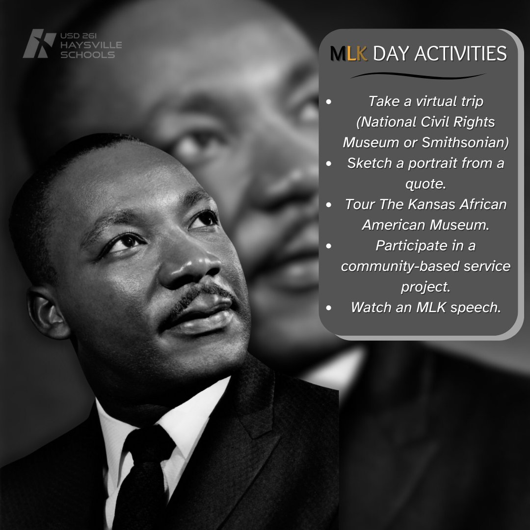 In observance of Martin Luther King Jr. Day, let us reflect on how we all can further the late civil rights leader's dream for our community. Check out the list of activities for you to help you celebrate today.

#MLKDay 
#usd261