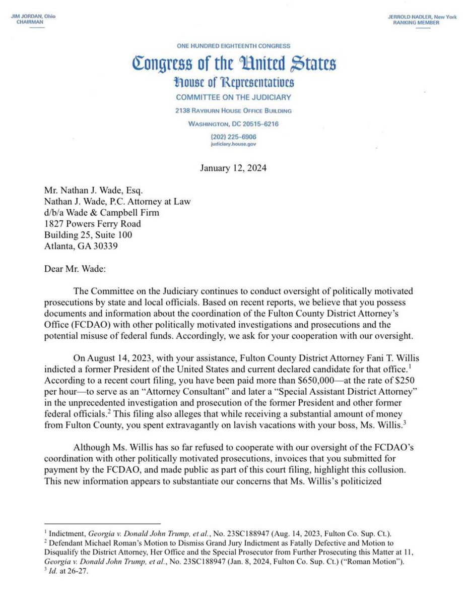 🚨BREAKING: Chair of the House Judiciary Committee Jim Jordan launches inquiry into Fani Willis' lover, Nathan Wade, after it was revealed he has been paid over $650,000 of taxpayer money to act as Special Assistant District Attorney to prosecute Donald Trump in Fulton County.