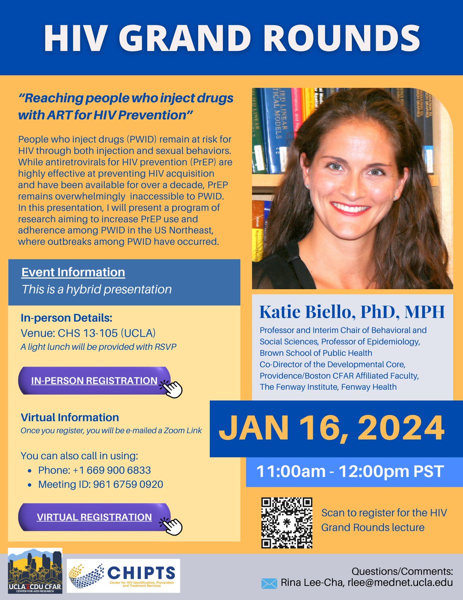 Join us for the next #HIVGrandRounds session on January 16, 2023, at 11AM PT! Dr. Katie Biello will present a program aiming to increase PrEP use and adherence among PWID in the US Northeast, where outbreaks among PWID have occurred. Register here: tinyurl.com/yc52vuc9