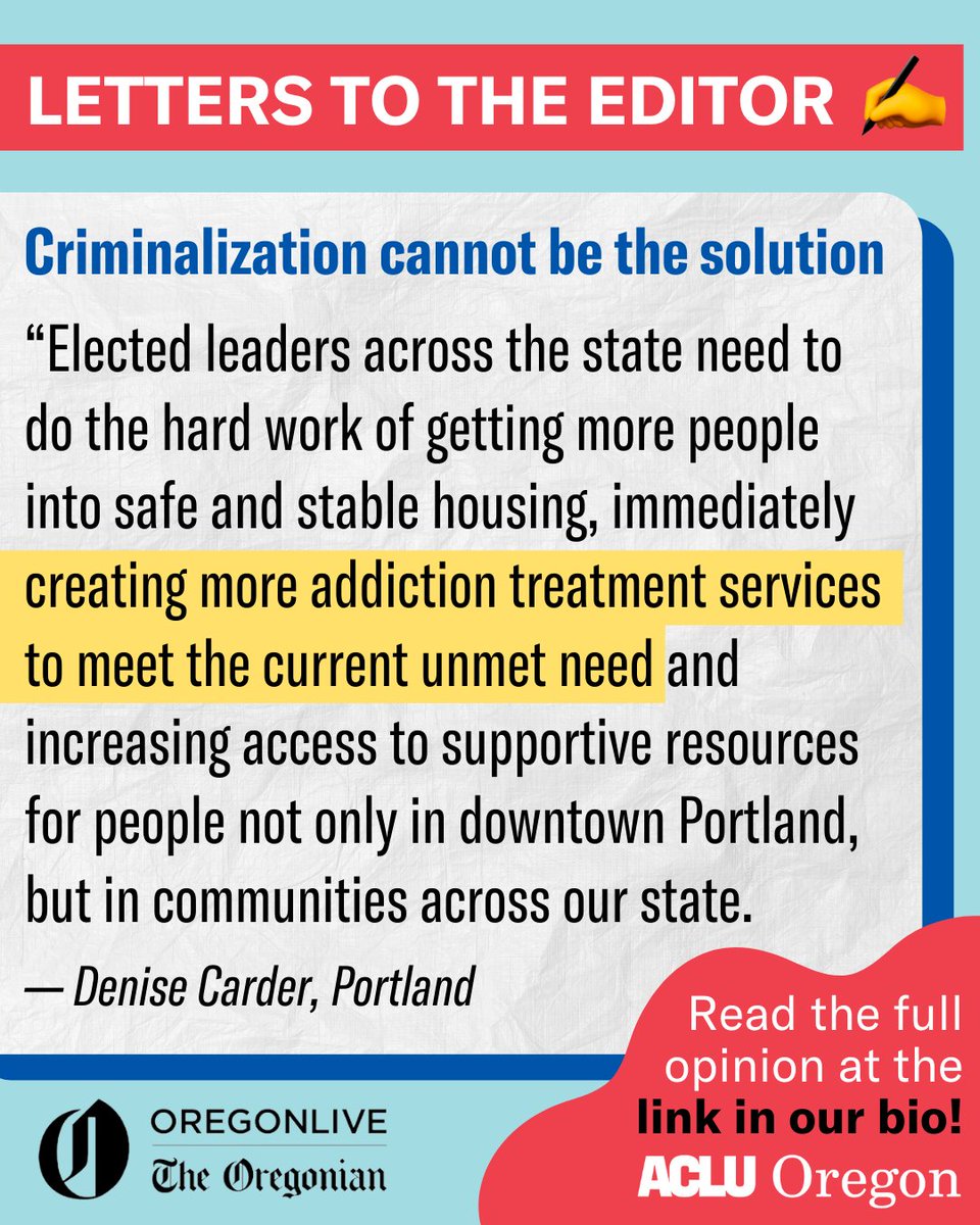 ACLU_OR's tweet photo. ✍️ Portland resident, Denise Carder’s letter to the editor about the danger of using criminalization to solve drug addiction was published in the @Oregonian. 👉 Read the full letter at https://t.co/lsnVMJGM0I  #ORpol #ORleg https://t.co/jUzfJRdKyu