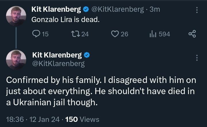 So let's be clear an American blogger,Gonzo Lira, has died in A Ukrainian prison after saying he was tortured, mistreated, and not given medical attention.  His journalism did not favor Ukraine so they arrested him and now he is DEAD!!! WHAT THE FU-CK WORLD?!! WAKE UP!!!