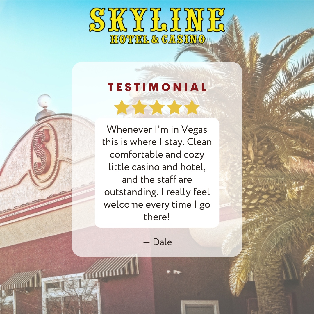 Come on down to Skyline Hotel & Casino, we always make sure you feel welcome here 🙌🏼🌟
.
.
.
#SkylineHotelandCasino #Hotel #Casino #Nevada #NevadaTravel #Vintage #VintageVegas #ModernAmenities #Henderson #LasVegas #Resort #Review #Testimonial #FiveStarReview #HappyCustomer