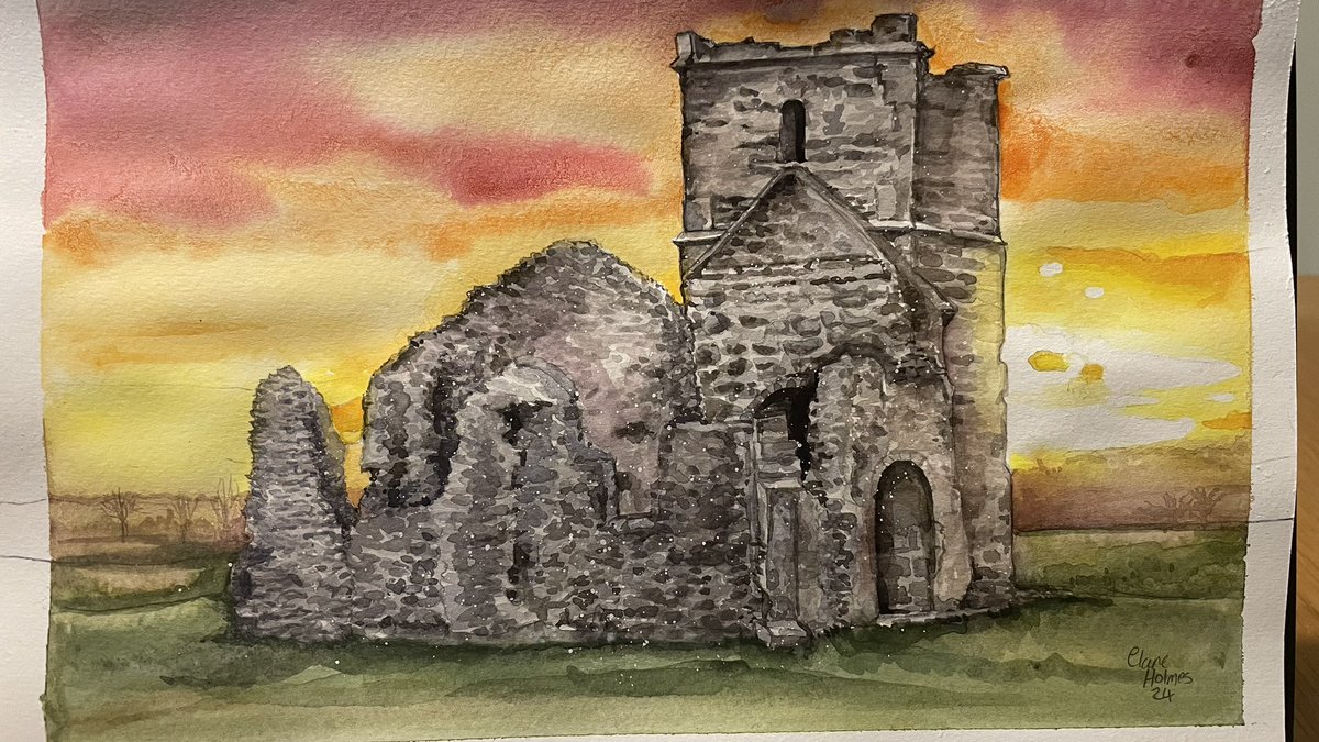 Knowlton Church at sunset. Watercolour 🩷❤️🧡💛 #watercolor #ChurchArt #DorsetArt #wimborne  #DorsetLandmarks #landscapepainting #watercolourpainting #sunsets