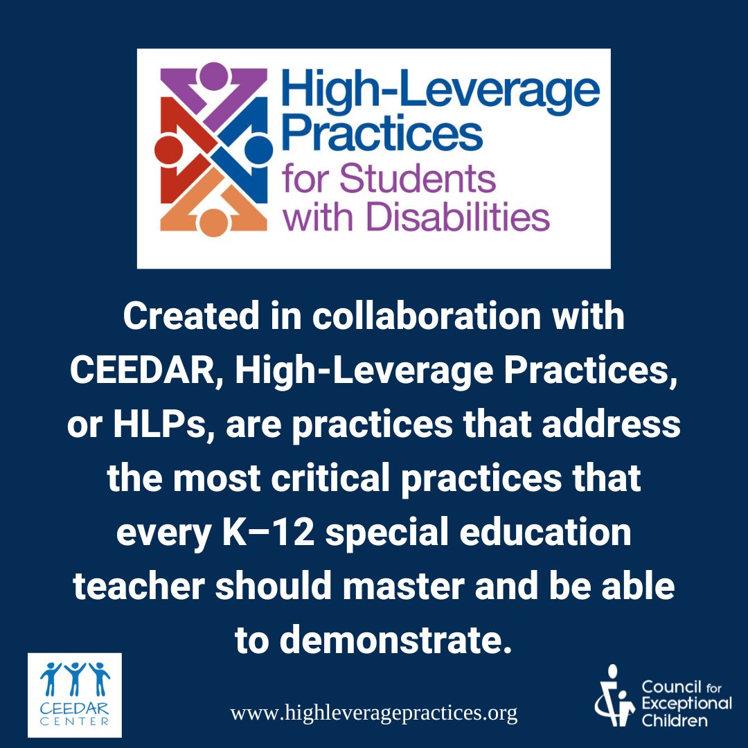 High-Leverage Practices, or HLPs, address the most critical practices that every K–12 special education teacher should master and be able to demonstrate.  #4SpecialEducation

Learn more and explore HLPs: highleveragepractices.org