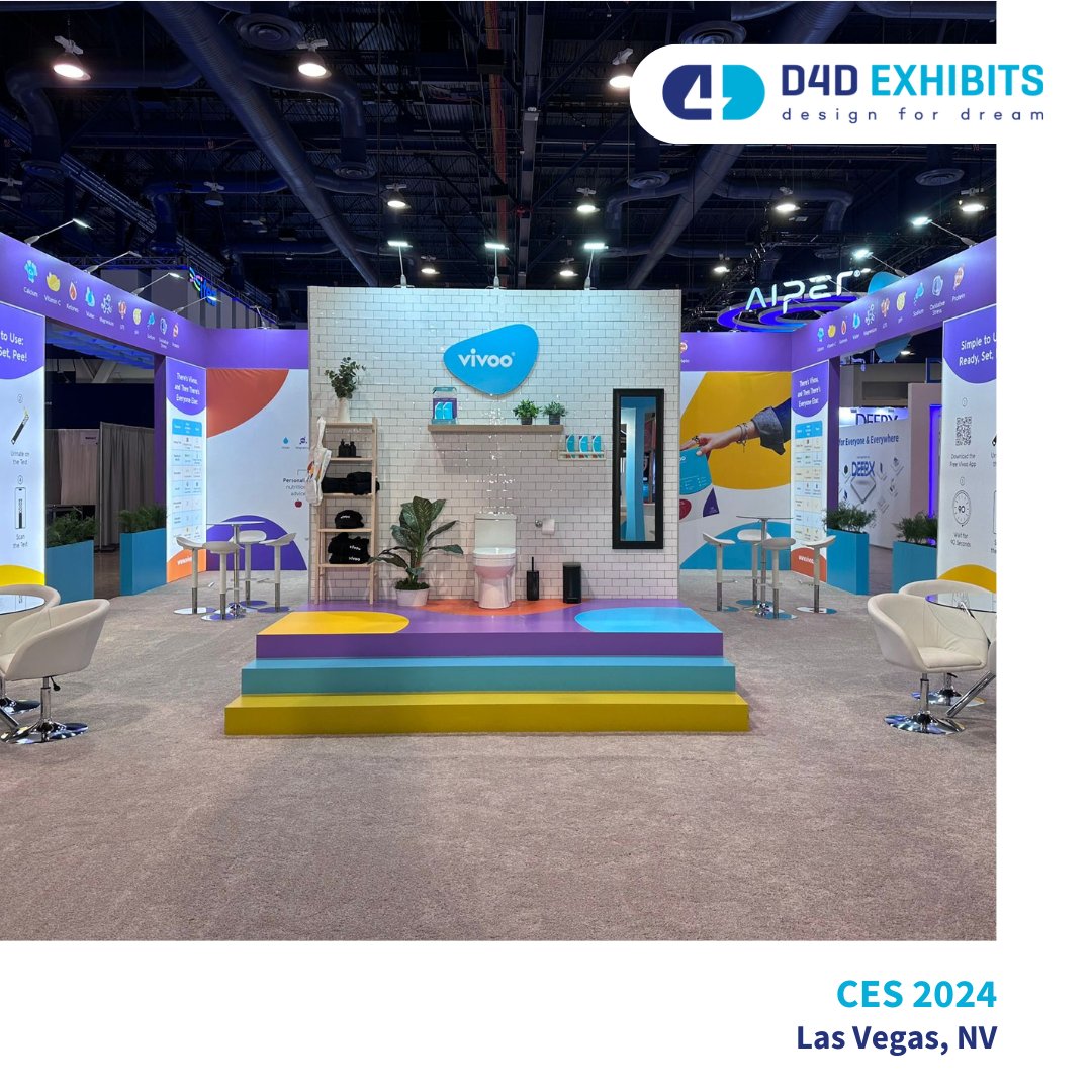 d4dexhibits's tweet photo. Please take a look at this booth that we helped to create for @CES 2024 at Las Vegas Convention Center with @VivooApp 🙌

This booth features:
✅Hanging Sign
✅Lightboxes
✅Bathroom Display Area
✅Custom Rotatable Display Units

#custombooth #ces #ces2024 #ceslasvegas https://t.co/iKOqnZZ762