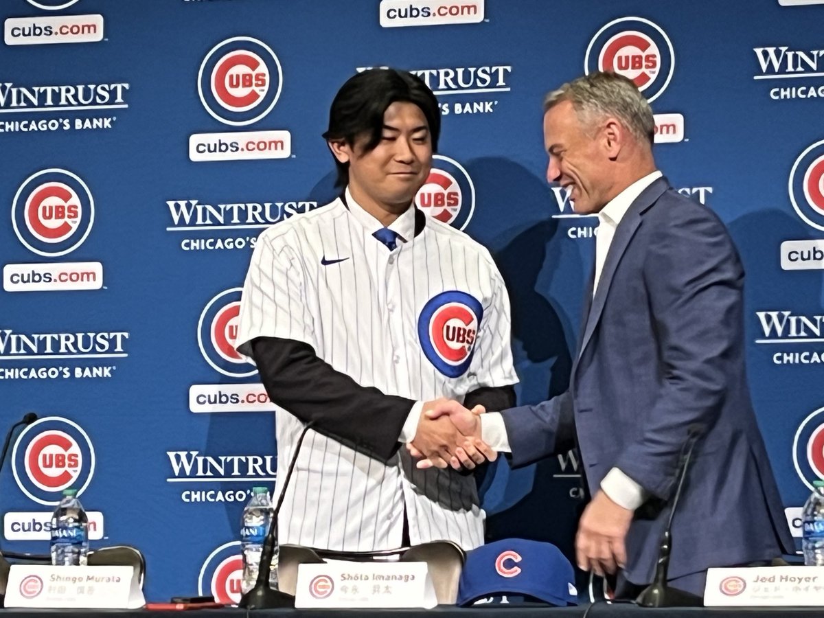 JesseRogersESPN's tweet photo. Newest Cub Shota Imanaga begins his presser in English: “Hey Chicago, what do you say? Cubs are going to win today.” https://t.co/ZejExTcn7E