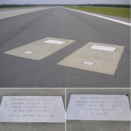 There are two people buried under one of the runways at  Savannah Hilton Head international Airport.

When the airport expanded a runway during World War II, it paved over a family burial site. The family's descendants permitted the relocation of 96 out of the 100 graves.

The