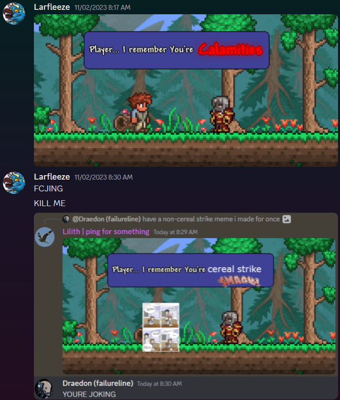 basicallydult's tweet photo. @CalamityModTeam i appreciate this post, a lot! but i'm the original maker of this; it was probably taken from the celeste discord server, where i'm under the Draedon server profile. idk why people are saying Shayy made it, but could i still please have credit next time? https://t.co/gHe67gNkoy