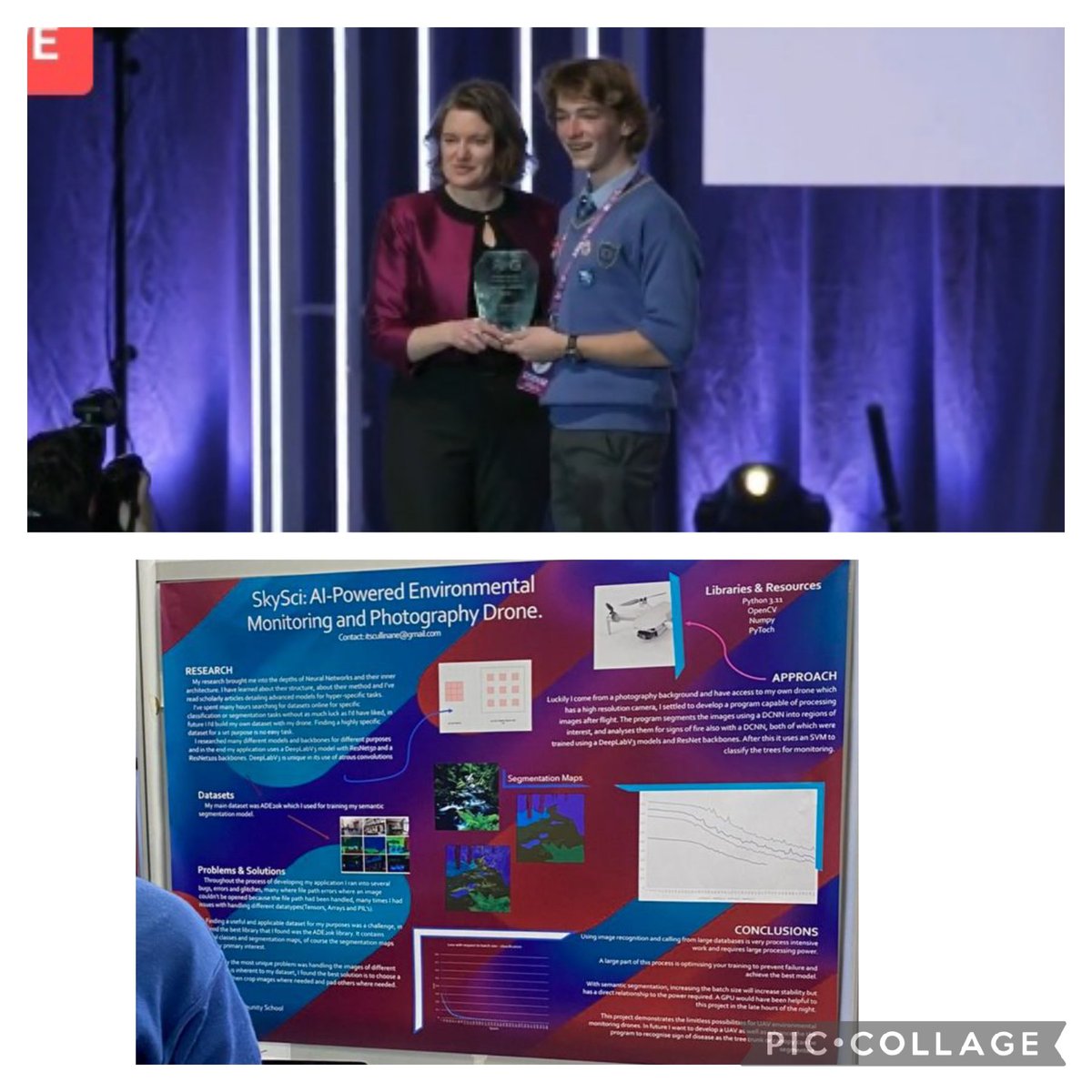 Congratulations to #BTYSTE2024 
@GeolSurvIE prize winner Ian Cullinane of @KinsaleComSch for his project 'SkySci: AI-Powered Environmental Monitoring & Photography Drone'
Really practical science!
Received his award from @siobhanepower our Head of Communications & Education.
