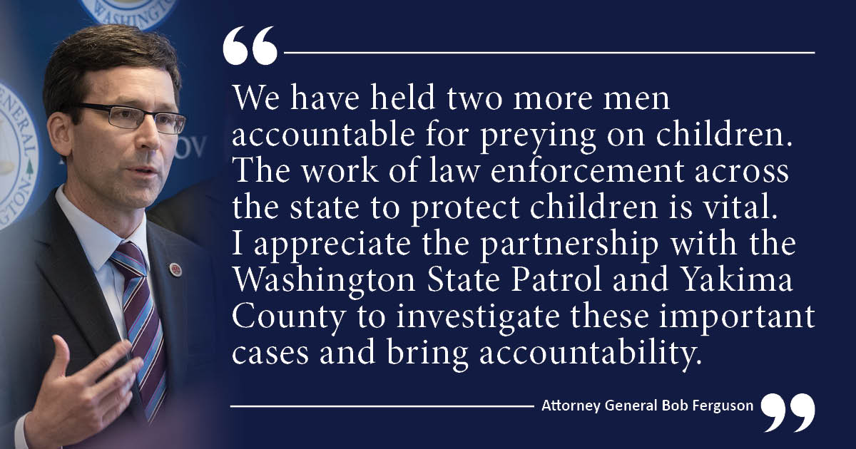 Our prosecutions of two “Net Nanny” cases resulted in maximum sentences of life in prison for two men following their convictions for felony attempted second-degree child rape and communication with a minor for immoral purposes. More here: atg.wa.gov/news/news-rele…