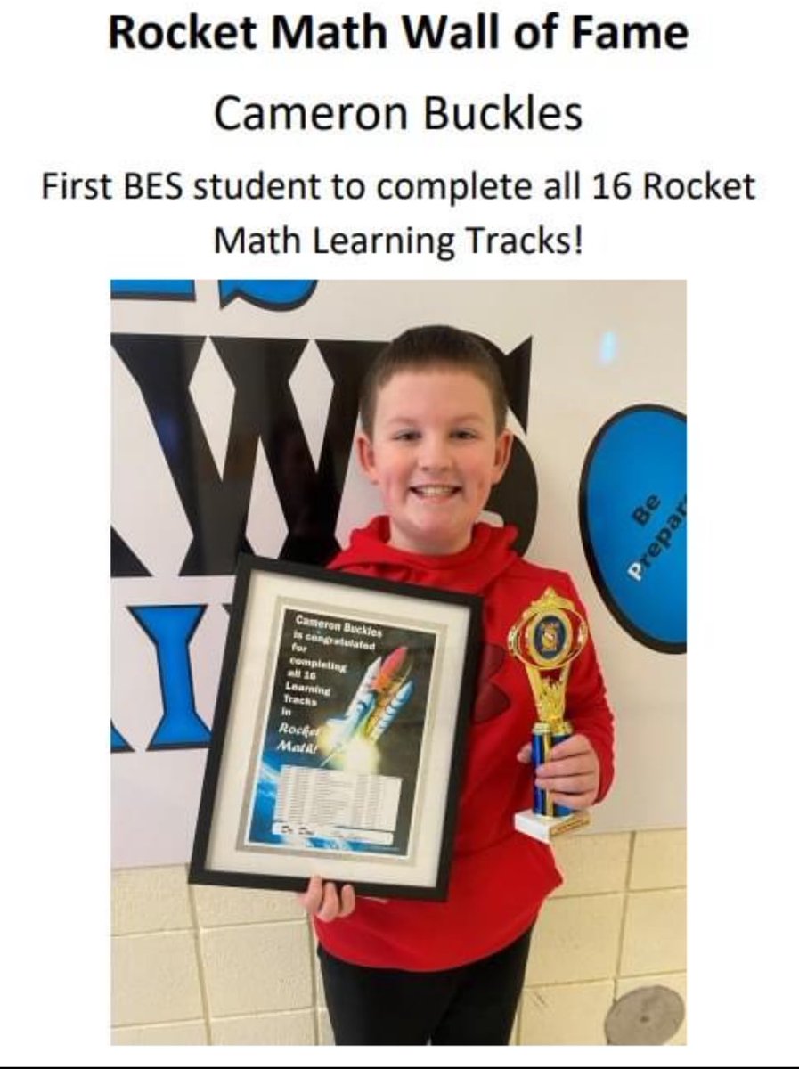 Congrats to Cam Buckles for being the 1st BES student ever to complete Rocket Math! He was recognized by Rocket Math for this incredible accomplishment. We are very proud of you Cam!