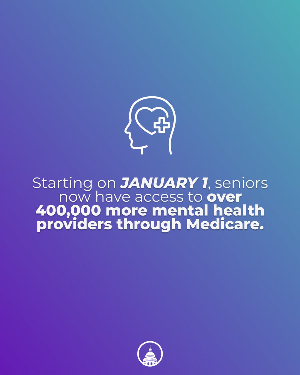 SenAmyKlobuchar's tweet photo. January 1st marked the largest expansion of Medicare’s mental health services in a generation. Thanks to Democrats, Medicare now covers mental health services provided by licensed marriage and family therapists and social workers. https://t.co/sNei4GEAMR