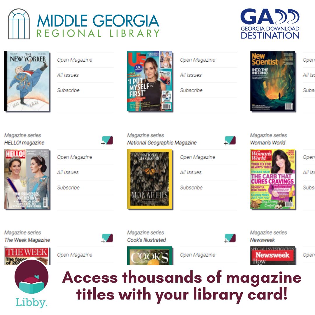 Saturday cartoons not your thing? Try a magazine or two instead! Check out these titles on the Libby App courtesy of the  #georgiadownloaddestination. All you need is a library card to access thousands of titles.

#GeorgiaLibraries #MyMGRL