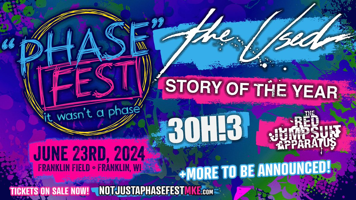 We were at the very first PHASE FEST in Kansas City in 2022 and we're ready to do it again, but this time in MILWAUKEE! We'll see you at Not Just A 'Phase' Fest : Milwaukee on Sunday, June 23rd with @WeAreTheUsed, @3OH3, @redjumpsuit & more TBA. Tickets on sale now at…