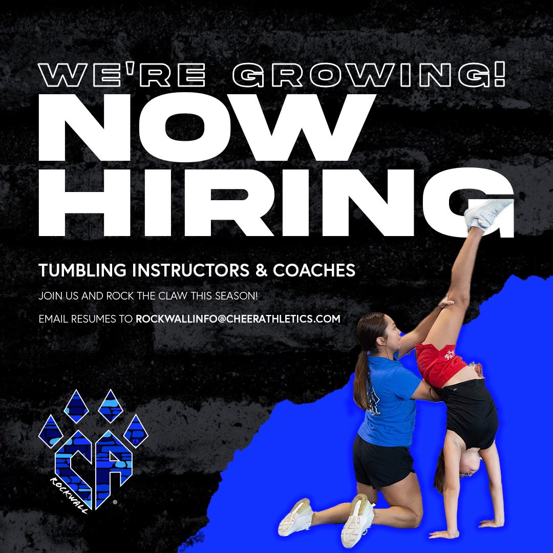 We are GROWING! Now hiring for Tumbling Instructors and Coaches. Come #RockTheClaw with location 13! Send resumes to rockwallinfo@cheerathletics.com! 💙🖤🪨

#cheerathletics #rocktheclaw #thebestofthebest #youbelonghere #cheerleading #cheer #allstarcheer #lucky13 #G3FCA2A