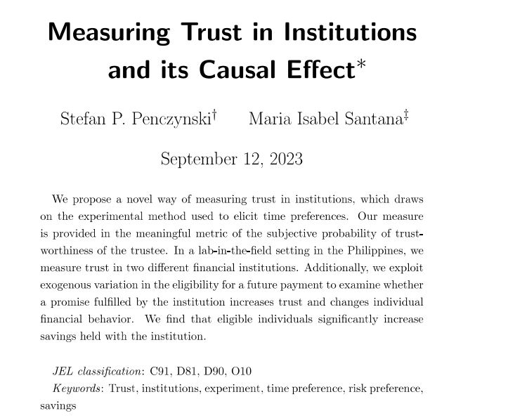 Trust is key for economic exchange. We propose a novel way of experimentally measuring trust in institutions &amp; exploit exogenous variation to test if the institution’s fulfilled promise raises trust and changes financial behavior @spenczynski <a href="/ma_isabel28/">Maria Isabel Santana</a> econometricsociety.org/publications/q…