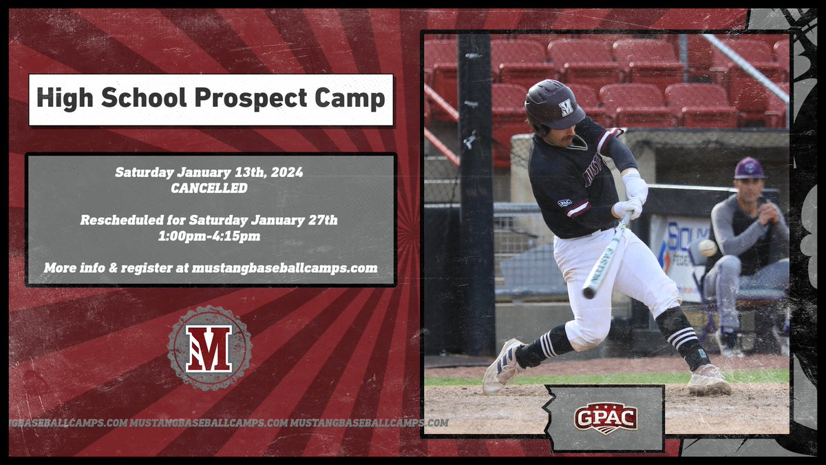 🚨 Tomorrow's High School Camp Cancelled 🚨 Potential reschedule date for Sat January 27th Registration will be reopened soon for this camp if you missed out on signing up before (mustangbaseballcamps.com). If you already signed up please look for an email from Coach Hilker.