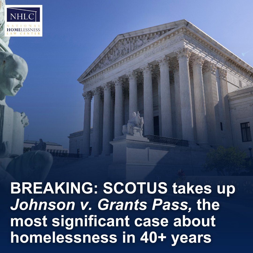 STATEMENT: Today, SCOTUS announced they will hear Johnson v. Grants Pass. This case could decide whether cities are allowed to punish people for things like sleeping outside with a pillow or blanket, even when no safe shelter is available.

Full statement: homelesslaw.org/statement-john…