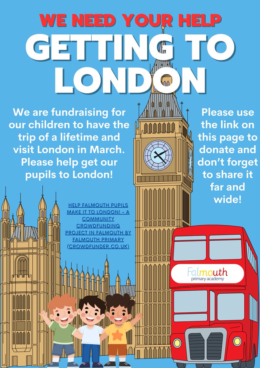 FalmouthPrimary's tweet photo. We really want to take our #children to #London and we can't do it without your #help! We are extremely grateful for any donations, large or small; Help Falmouth Pupils Make It To London! - https://t.co/YXJNgFhBza 
#SpreadTheWord #SupportOurSchool https://t.co/QT8d7kFPm9